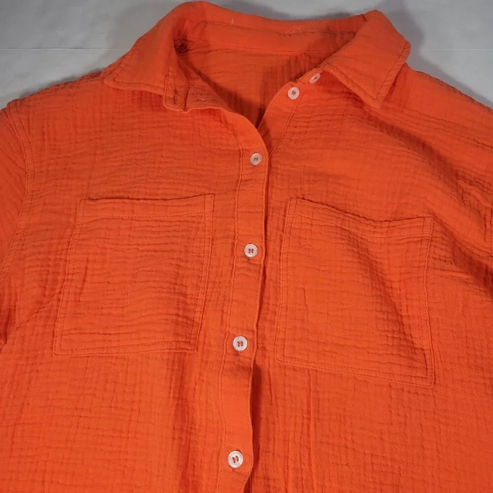 Women Orange Button-Up Shirt 100% Cotton Long Sleeve Collared Size M